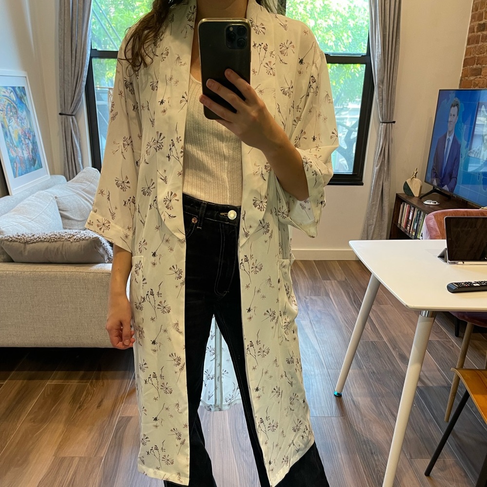 Flower-patterned kimono-style top